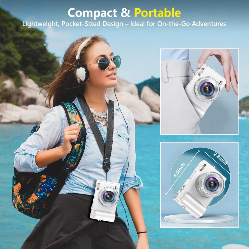 TEFTYMON 4K Digital Camera for Photography Autofocus, 64MP WiFi Vlogging Camera for YouTube with 2 Batteries, SD Card, 3" 180°Flip Screen Selfie Compact Travel Camera for Teens with 16X Zoom, Anti-Shake, White - Image 5